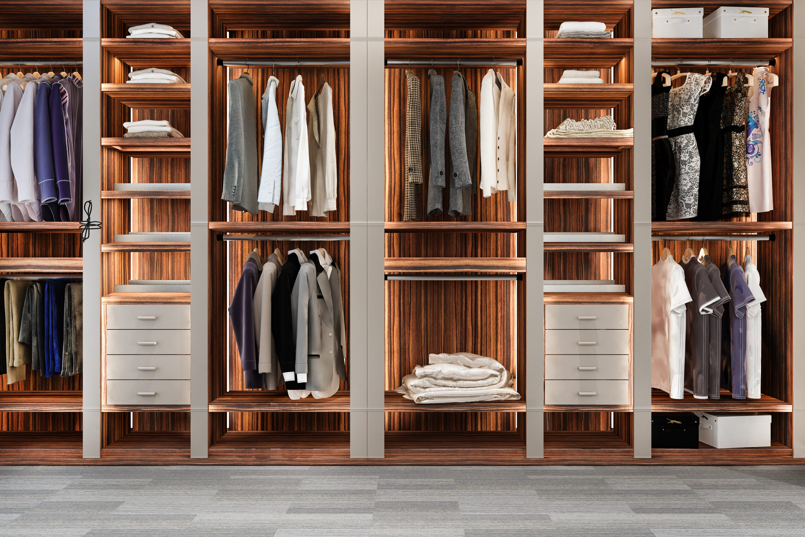 3d rendering minimal scandinavian wood walk closet with wardrobe scaled TheHomeQuality